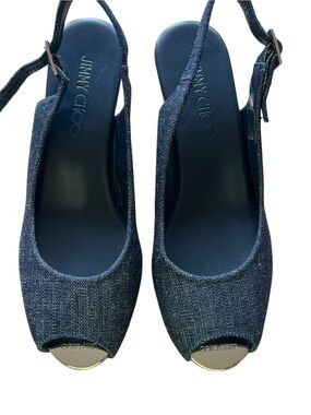 Jimmy Choo Wedge Sandals Blue  denim Cork Platform Slingback Open Toe  Size 37